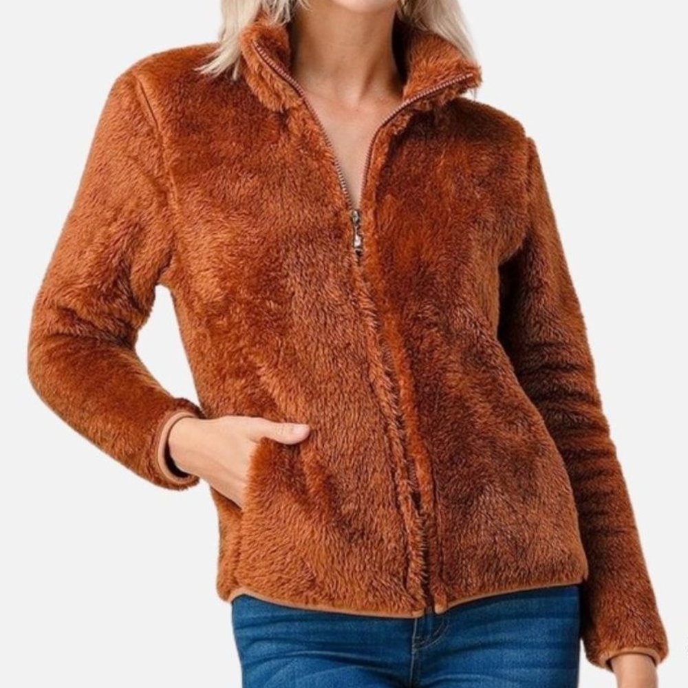 NWT LOVE! LUXURY SOFT! Collared Sherpa Jacket With Pockets in Camel